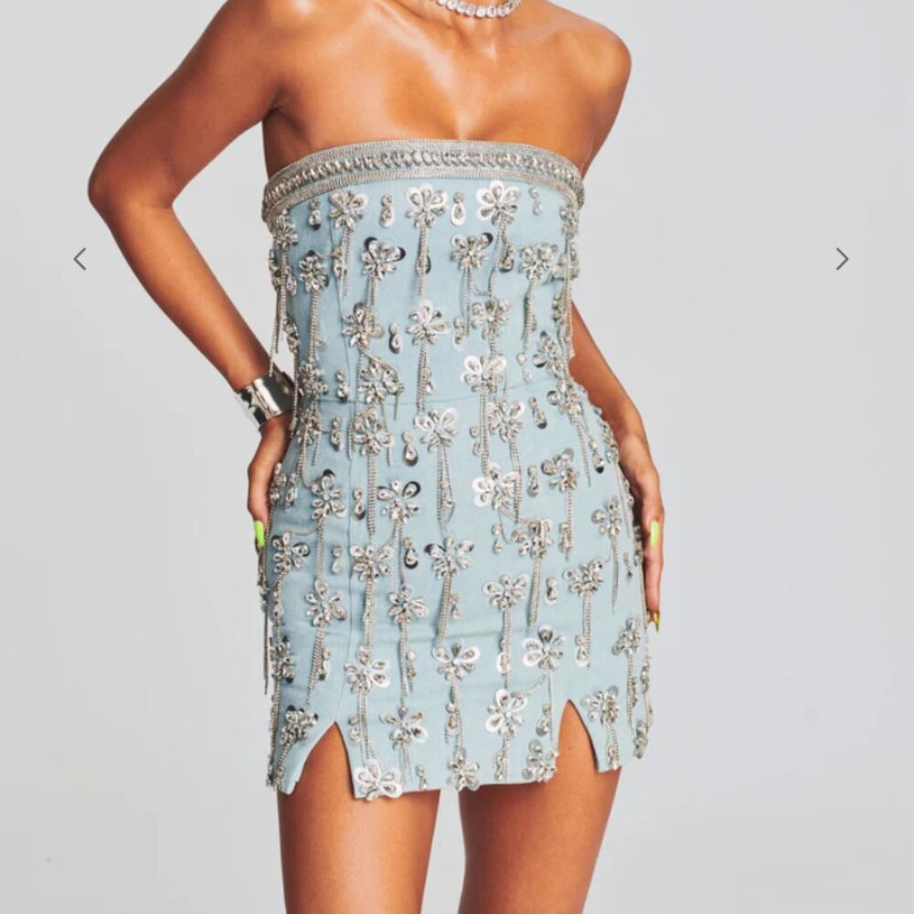 LINEZ EMBELLISHED DENIM DRESS, NWOT
